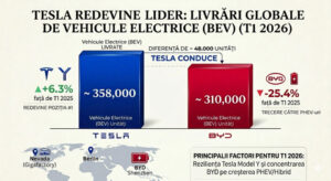 grafic vanzari masini electrice Tesla vs BYD 2026 statistici globale