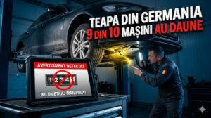 Mecanic auto inspectând partea inferioară a unei mașini importate, cu o tabletă în prim-plan care afișează un avertisment de kilometraj manipulat și vicii ascunse.