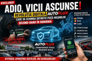 Infografic comparativ între piața auto veche cu vicii ascunse și noua eră digitală AutoFlux: un cuplu verifică istoricul unei mașini pe o tabletă holografică conectată la bazele de date UE, în contrast cu o mașină uzată și un cumpărător nemulțumit