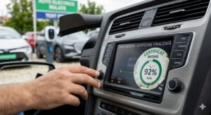 Imagine din interiorul unui vehicul electric rulat, arătând ecranul de diagnosticare central cu mesajul „VERIFICARE SISTEM: FINALIZATĂ” și un certificat de baterie validat.