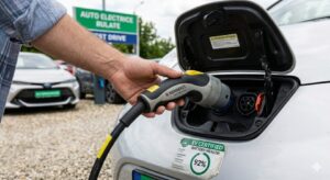 Detaliu al portului de încărcare al unui Nissan Leaf rulat, cu un autocolant certificat care confirmă o stare a bateriei de 92% în 2026.